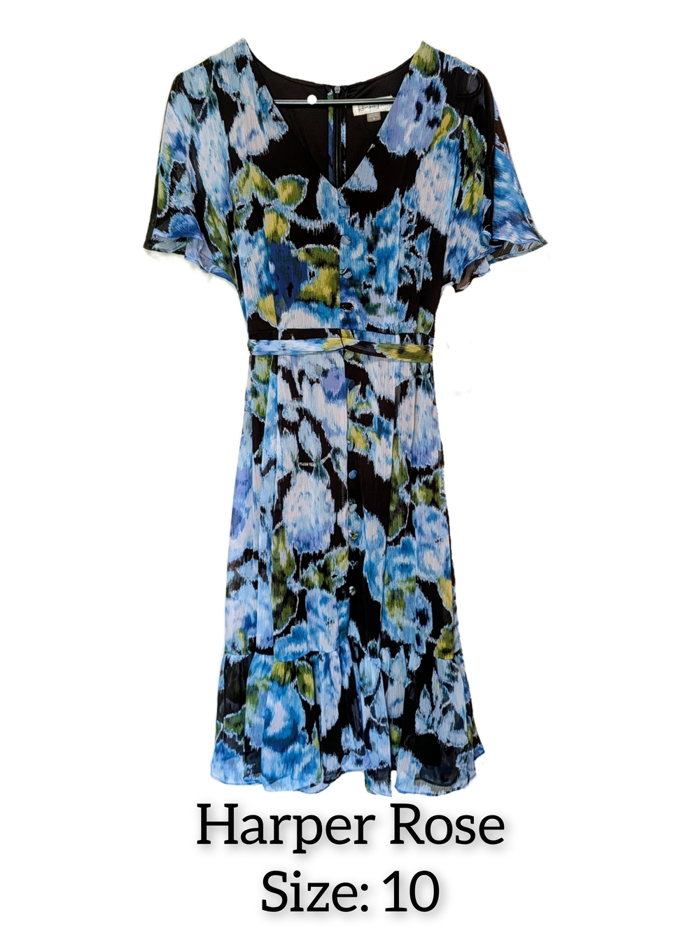 Harper Blue, Black & Green Floral Midi Dress NWT